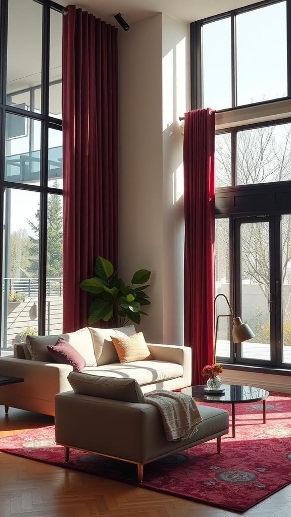 A bright living room featuring burgundy curtains, a light sofa with colorful cushions, and a potted plant.