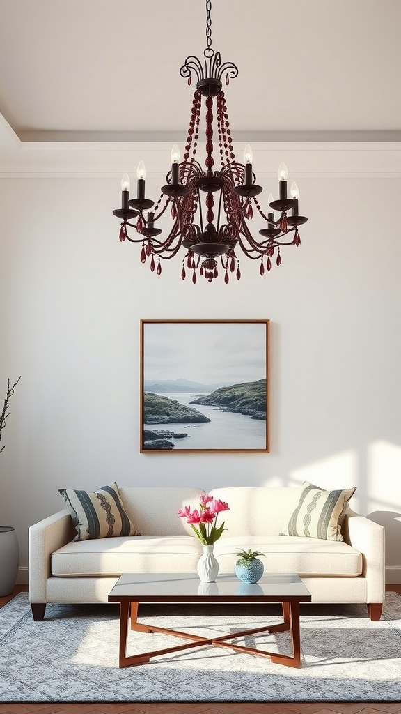 Elegant burgundy chandelier hanging above a cozy living room with a cream sofa and decorative elements.