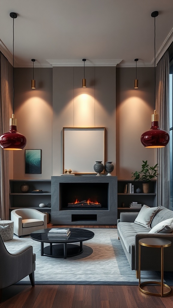 A cozy burgundy-themed living room with elegant pendant lights and warm ambiance.