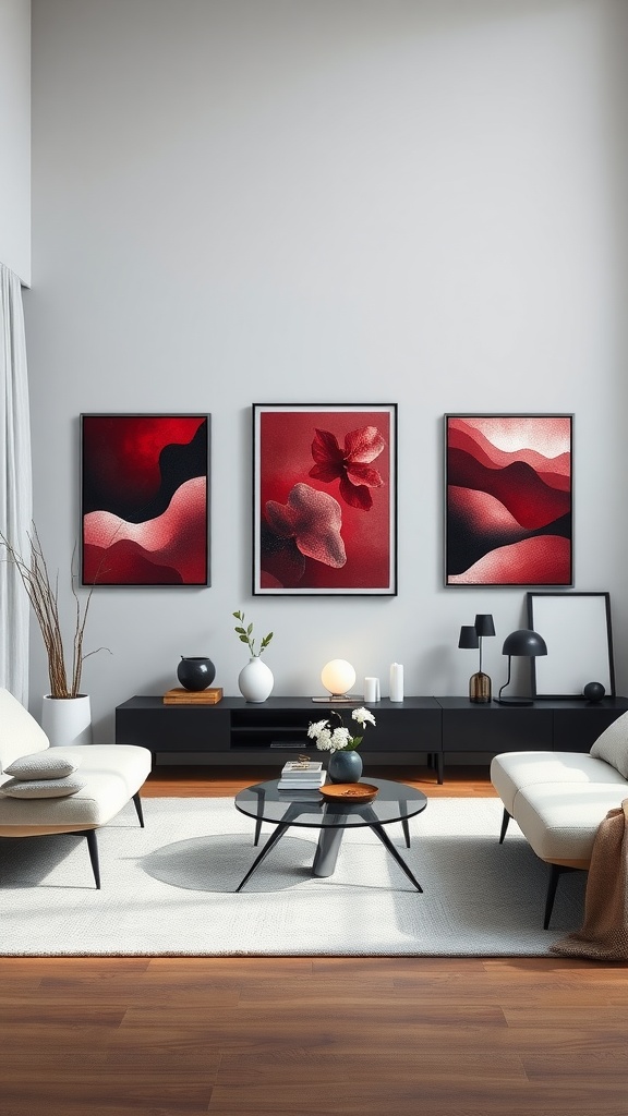 A stylish living room with burgundy wall art, featuring three framed pieces above a modern black console.