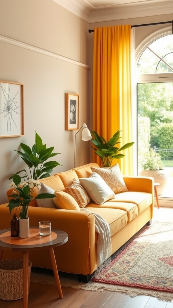 A cozy living room featuring a butter yellow sofa, matching curtains, and plants, creating a warm and inviting space.