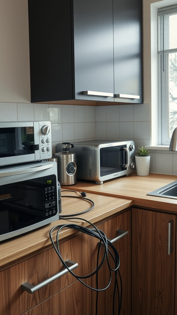 Kitchen counter with various appliances and visible cables