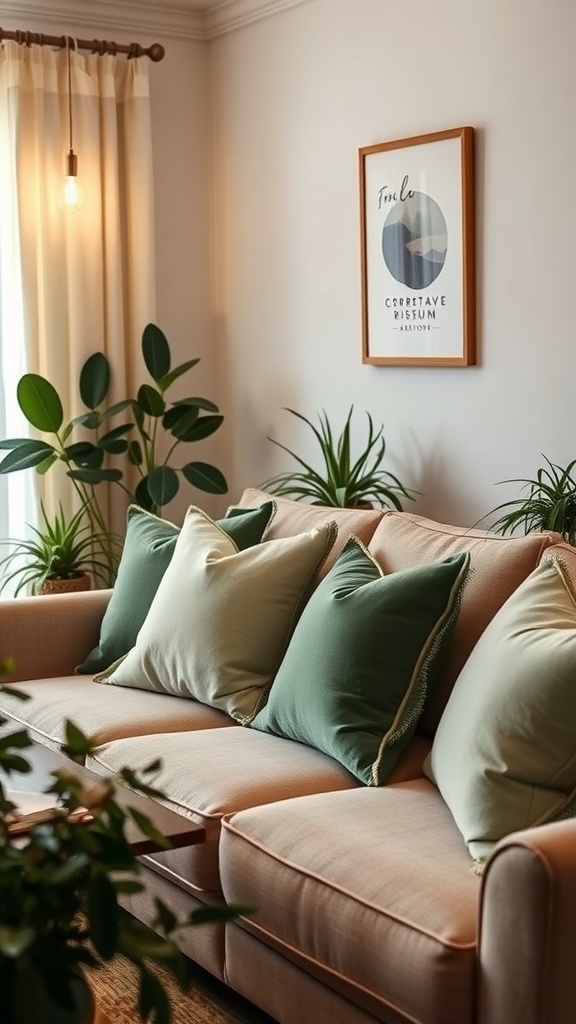 A cozy living room with sage green pillows on a sofa, surrounded by plants and soft lighting.