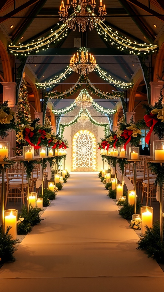 A beautifully decorated candlelit aisle for a Christmas wedding, with greenery and ribbons.