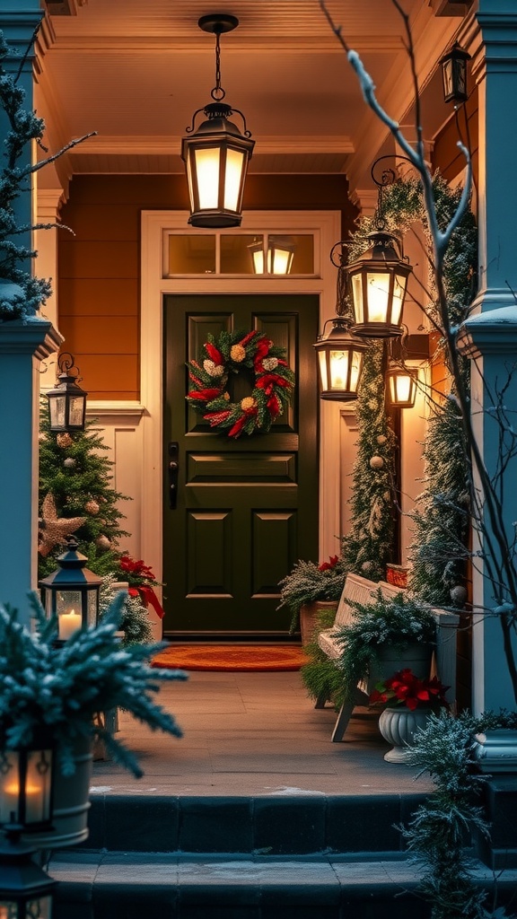 A cozy front porch decorated with candlelit lanterns, a green door, and festive greenery.