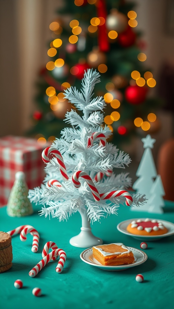 A decorated mini white Christmas tree with candy cane garland surrounded by festive treats.