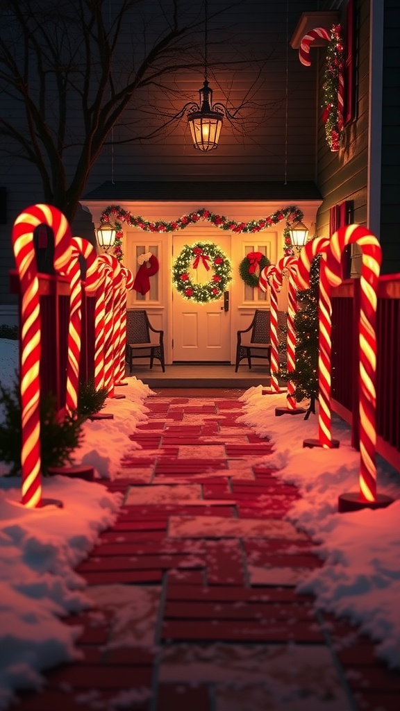 A beautifully lit pathway with candy cane lights leading to a warmly decorated front porch