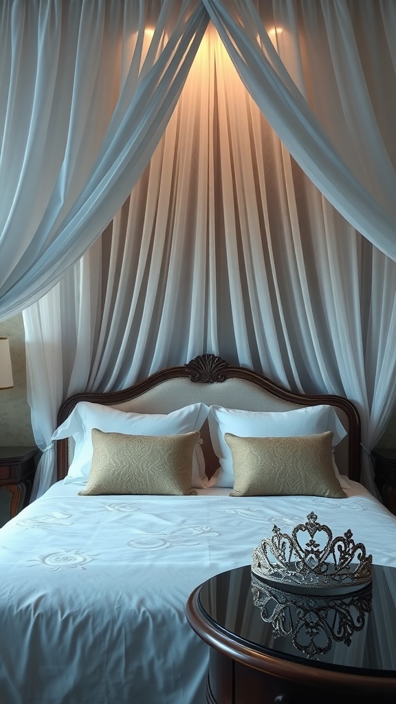 A beautifully styled bedroom featuring a canopy bed with soft draping, plush pillows, and a tiara on the bedside table.