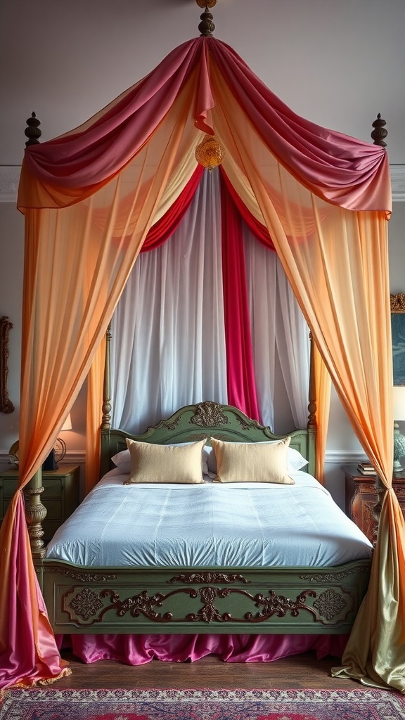 A beautifully styled canopy bed with drapes in warm shades of orange and pink, complemented by a green bedframe.