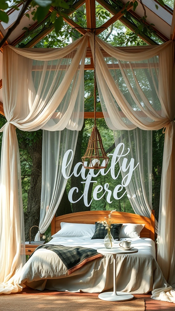 A forest-themed bedroom featuring a canopy bed with natural fabrics, surrounded by sheer curtains and greenery.