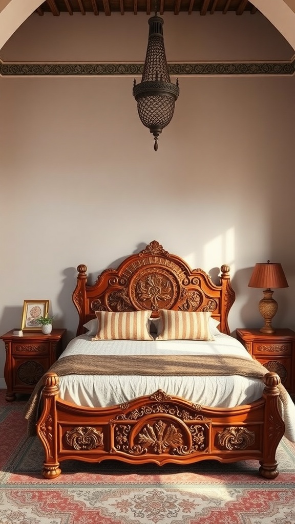 A beautifully designed Moroccan bedroom featuring carved wooden furniture.