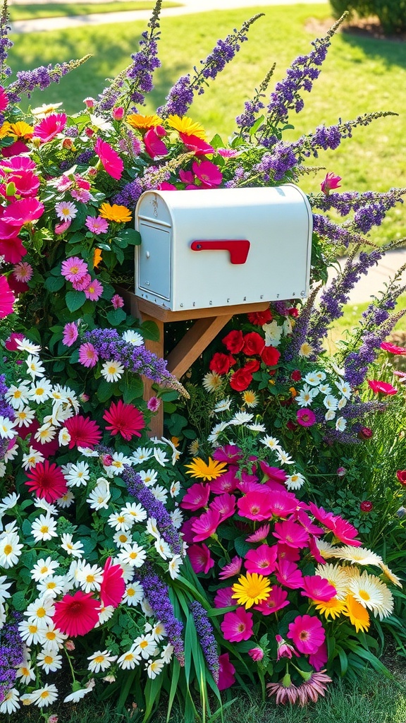 A mailbox surrounded by colorful annual flowers creating a lush and vibrant flower bed.