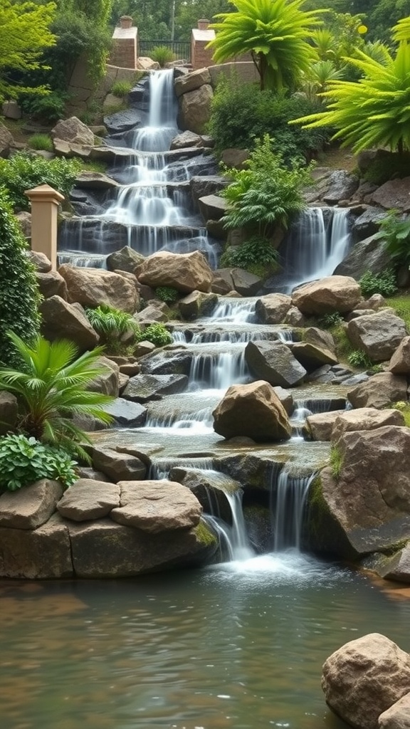 A beautiful cascading waterfall in a landscaped backyard, surrounded by rocks and lush greenery.