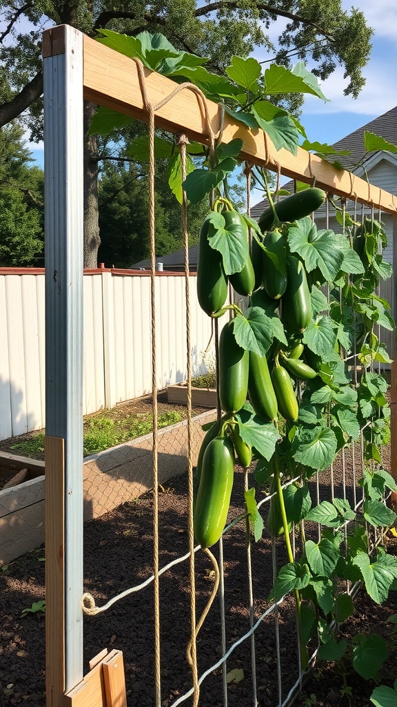 Cattle panel trellis supporting climbing cucumber plants in a garden