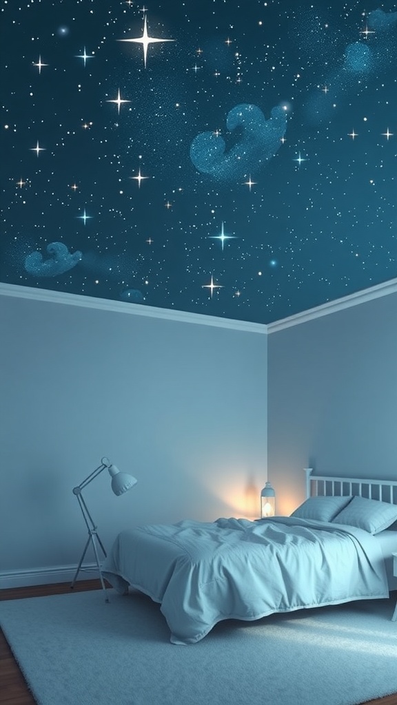 A bedroom with a starry night ceiling, featuring a cozy bed and soft lighting.