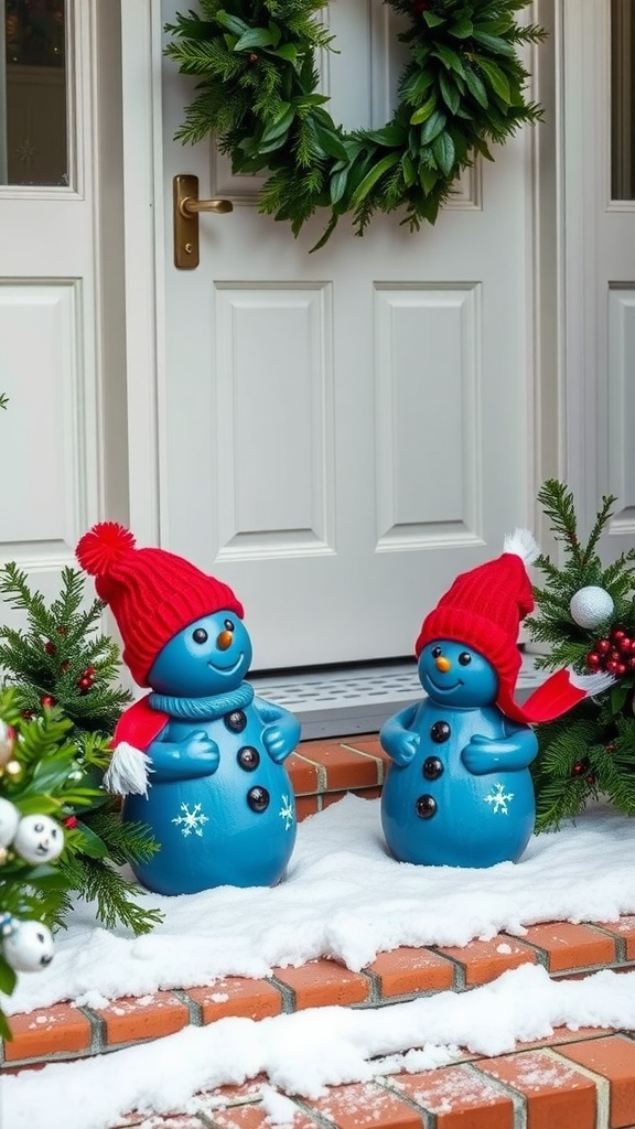 Two ceramic blue snowmen wearing red hats on a snowy porch, with a green wreath on the door.