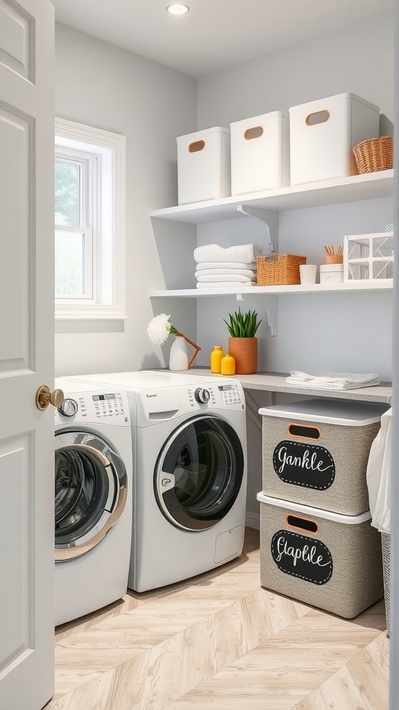 Laundry room featuring white appliances, storage bins with chalkboard labels, and rustic decor