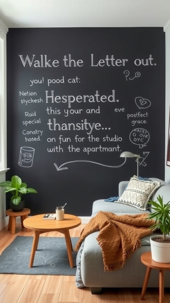 A cozy living room with a chalkboard wall filled with doodles and hand-lettered messages.