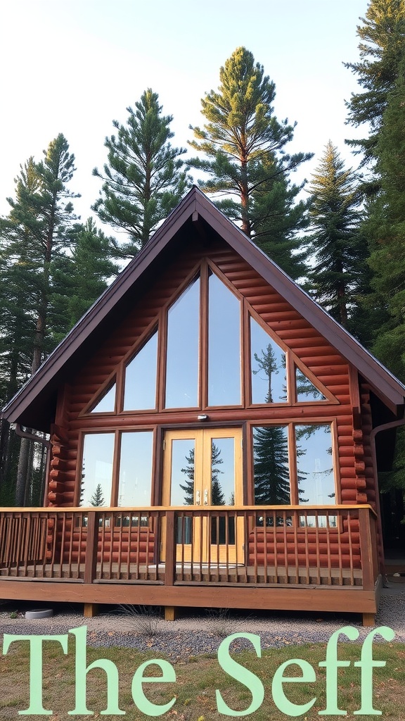 A charming A-frame cabin nestled in a forest, featuring large windows and a wooden exterior