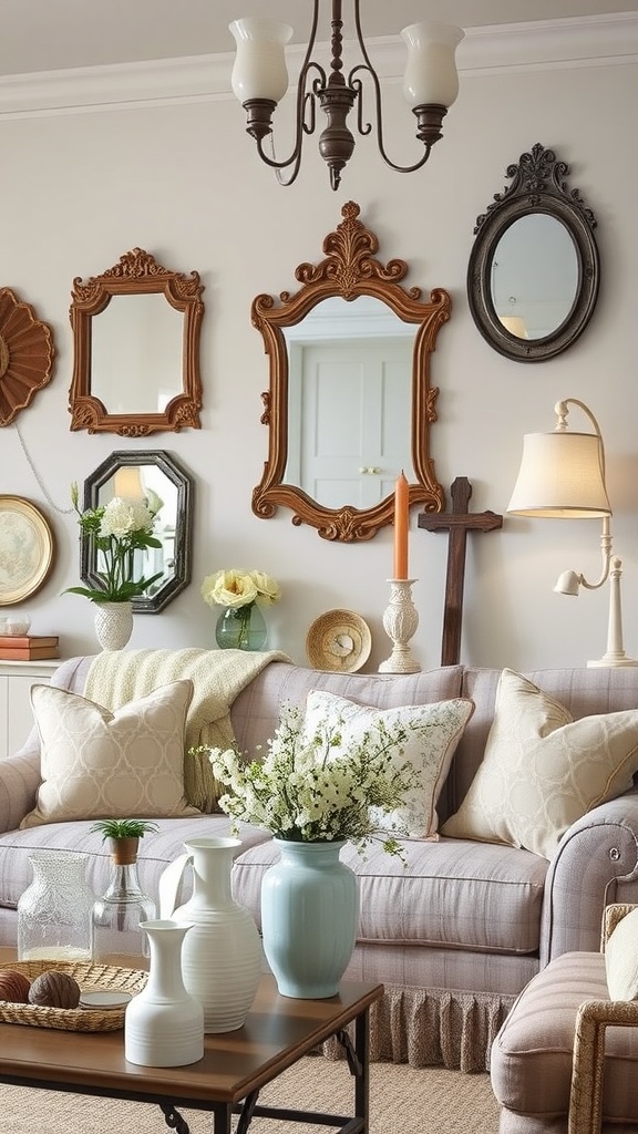 A shabby chic living room featuring various decorative mirrors, cozy pillows, and vases with fresh flowers.