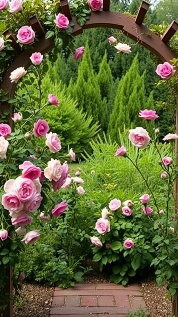 An arched trellis covered in pink and cream climbing roses, leading to a lush garden.