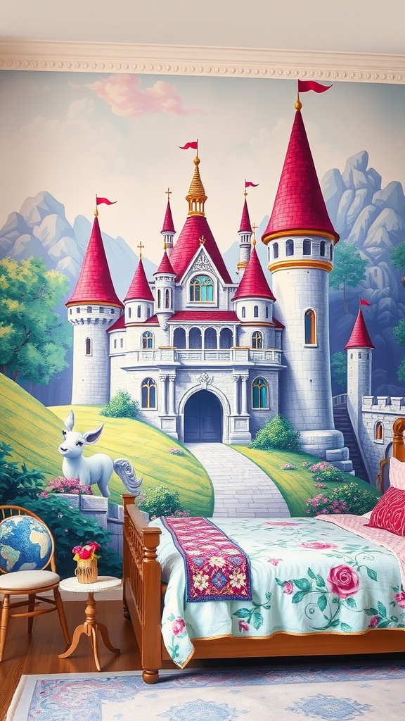 A children's bedroom featuring a charming castle wall mural with red turrets and a unicorn