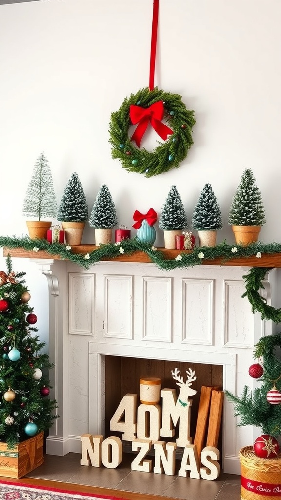 Rustic Christmas mantel decorated with a wreath, small snow-covered trees, greenery, and wooden letters.