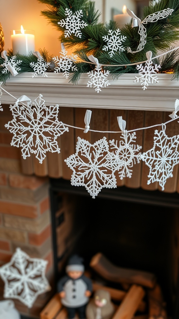 Crochet snowflakes hanging on a garland above a fireplace, with candles and a cozy atmosphere