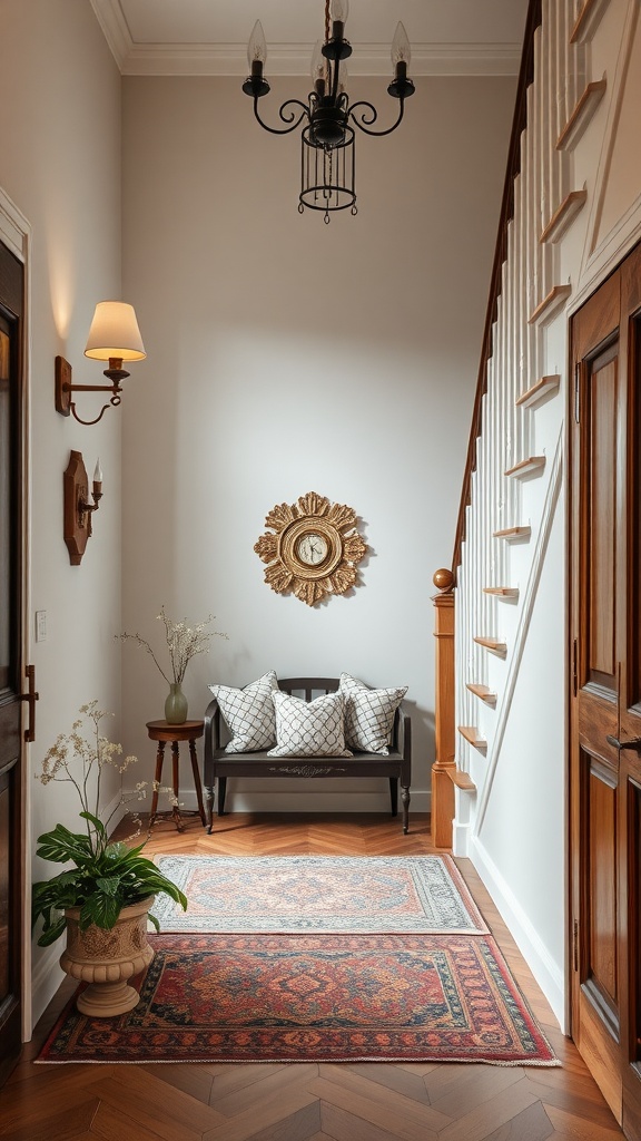 A cozy staircase nook with a bench, cushions, a small table, and decorative elements