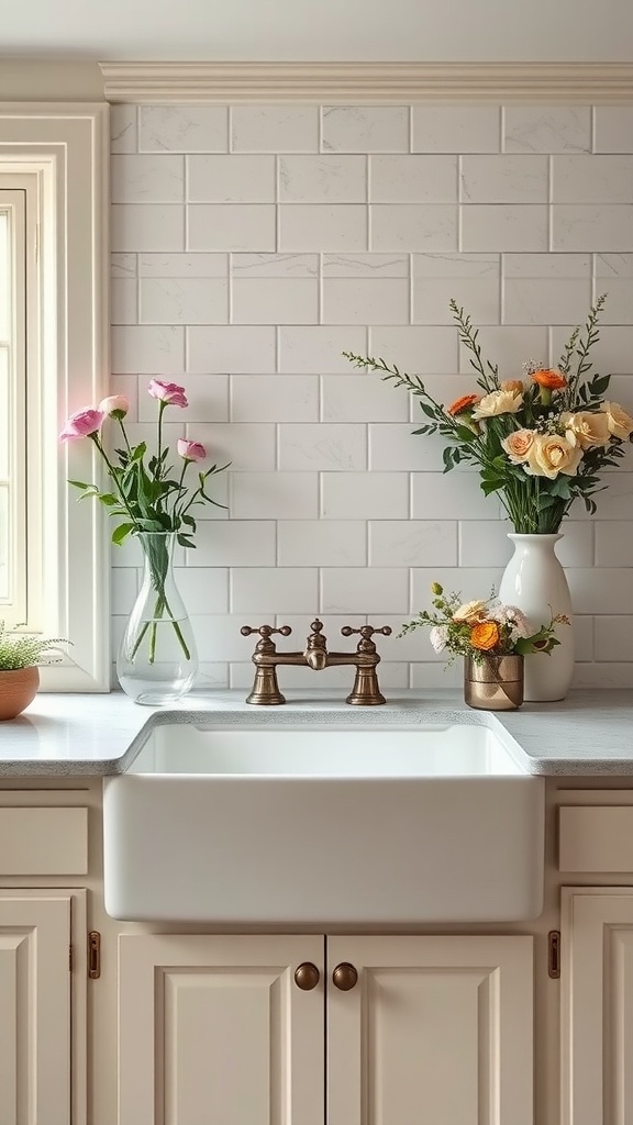 Farmhouse sink with aged brass fixtures and fresh flowers in a cozy kitchen setting.