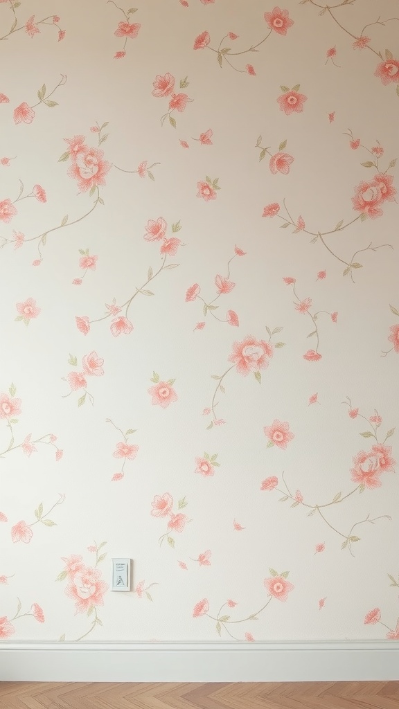 A wall painted with charming floral patterns featuring pink flowers on a cream background.