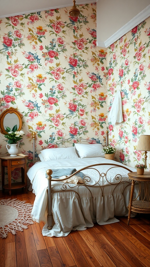 A vintage bedroom with floral wallpaper, a cozy bed, and wooden furniture.