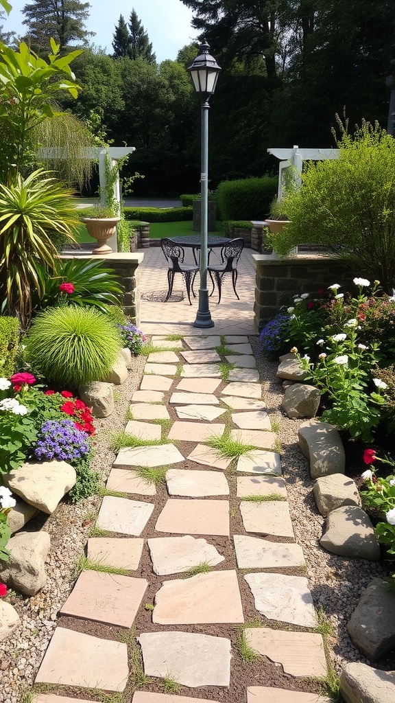 A charming garden pathway lined with flowers and stone, leading to a cozy seating area.