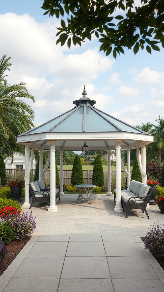 A beautiful gazebo with a glass roof, surrounded by vibrant flowers and greenery.