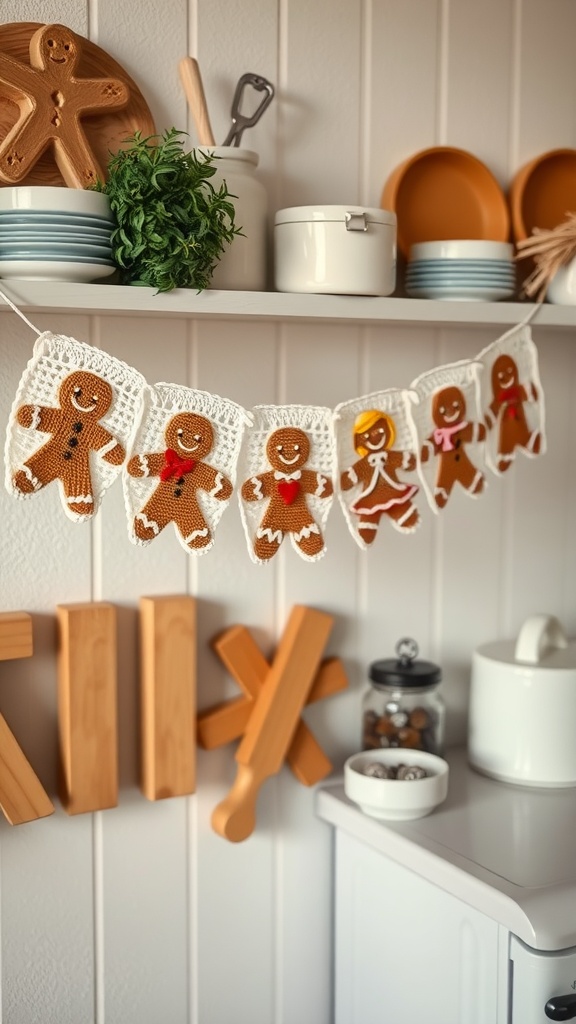 A crochet garland of gingerbread men hanging on a shelf with kitchen items in the background.