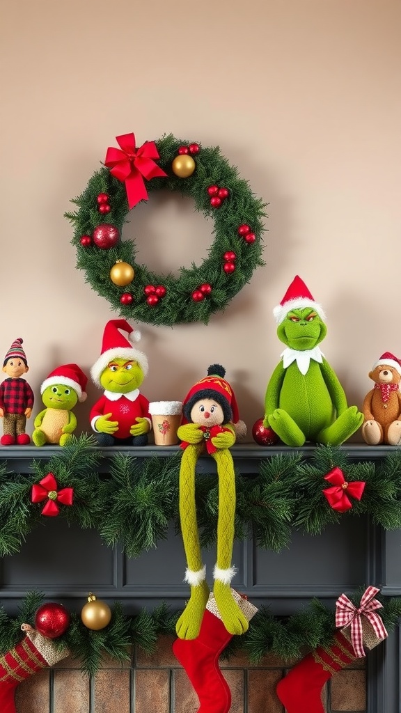 A festive mantel decorated with Grinch figurines and plush toys, including a wreath and colorful stockings.