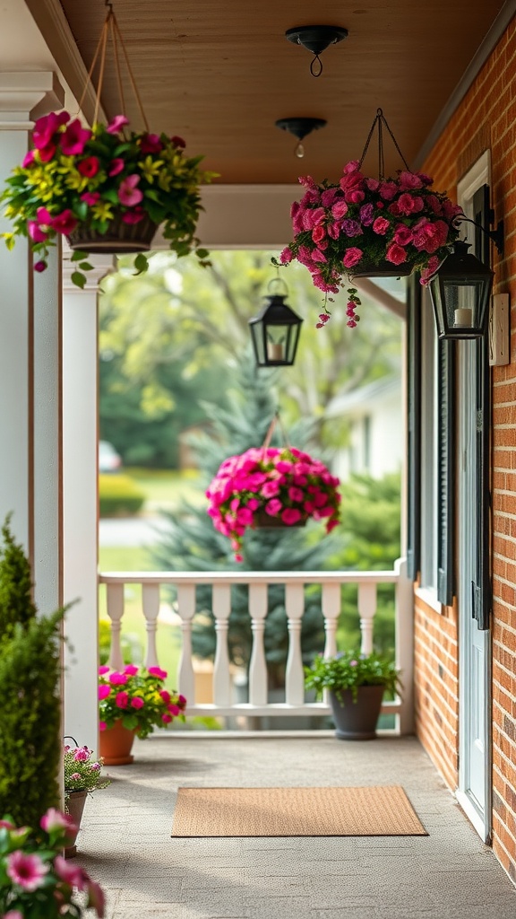 A charming porch with hanging flower pots and lanterns