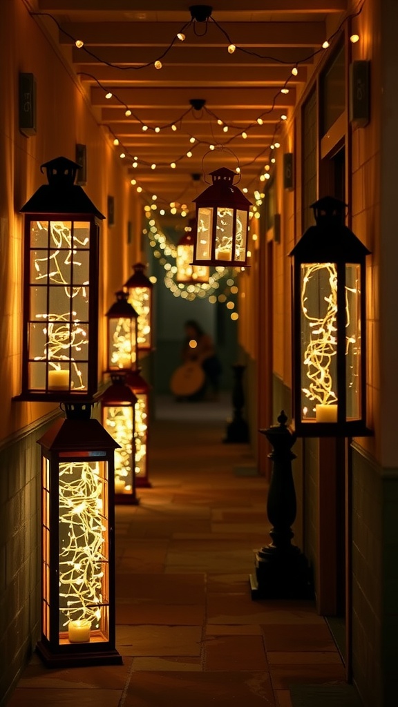 A beautifully lit hallway featuring lanterns and fairy lights, creating a cozy ambiance.