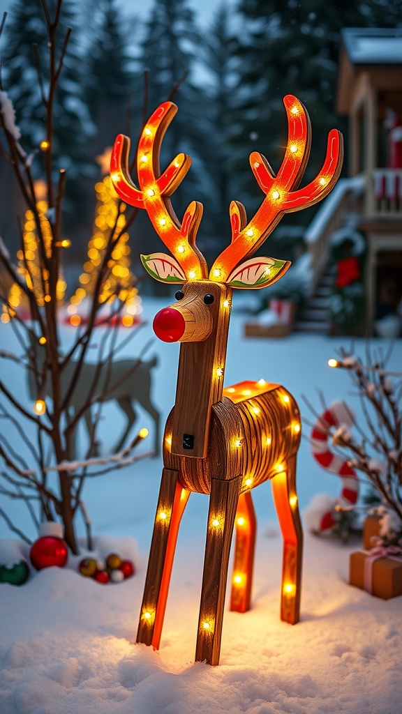 A charming light-up reindeer with bright lights and a red nose, surrounded by Christmas decorations in the snow.