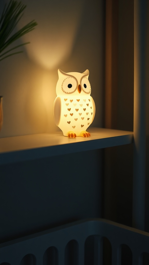 An owl nightlight sitting on a shelf, emitting a warm glow with heart patterns on its body.