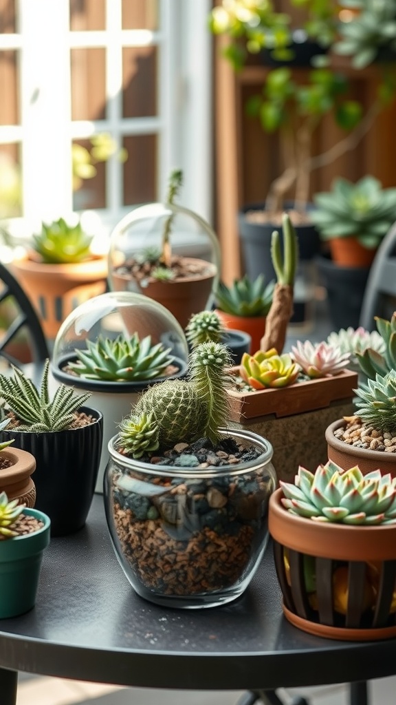 Various succulent terrariums displayed on a table with plants in unique pots.