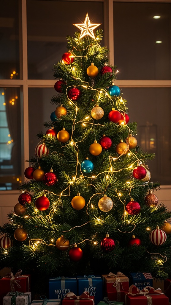 A beautifully decorated Christmas tree with colorful ornaments and warm string lights.