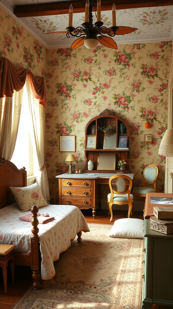 A cozy vintage bedroom with floral wallpaper, wooden furniture, and warm lighting.