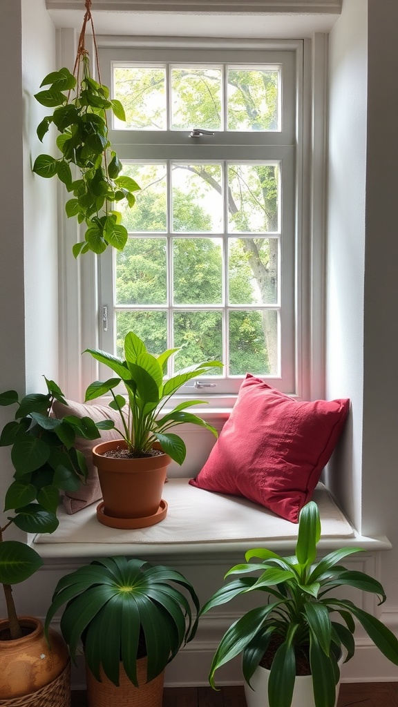 Cozy window seat with red pillows and green plants