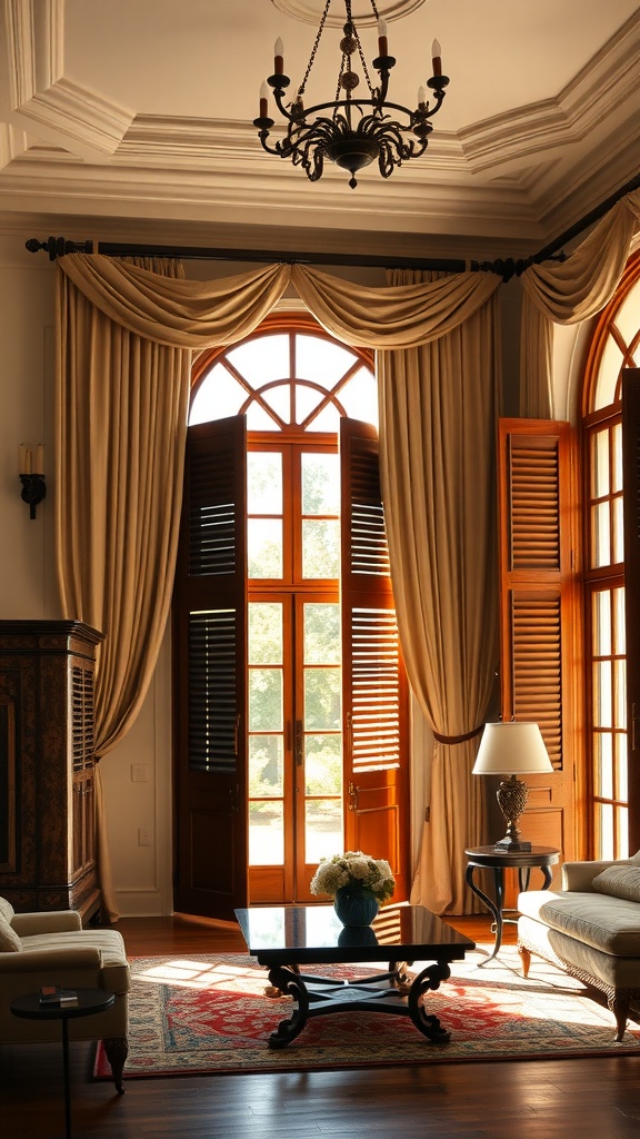 A colonial living room with elegant drapes and wooden shutters framing large windows, showcasing a cozy atmosphere.