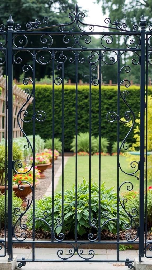 Beautiful wrought iron garden fence with intricate designs surrounding a lush garden