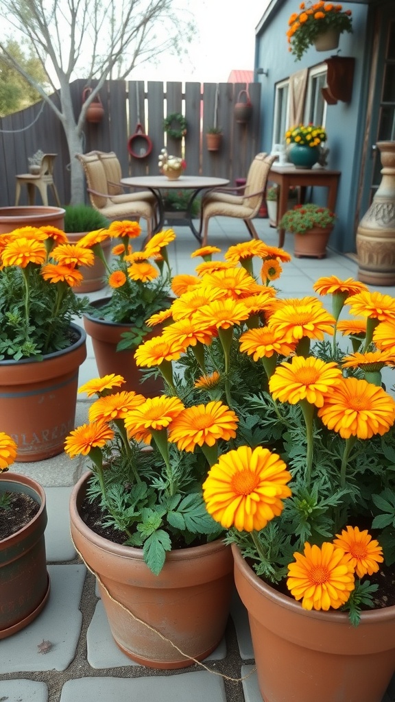 Clusters of vibrant orange marigolds in terracotta pots on a patio