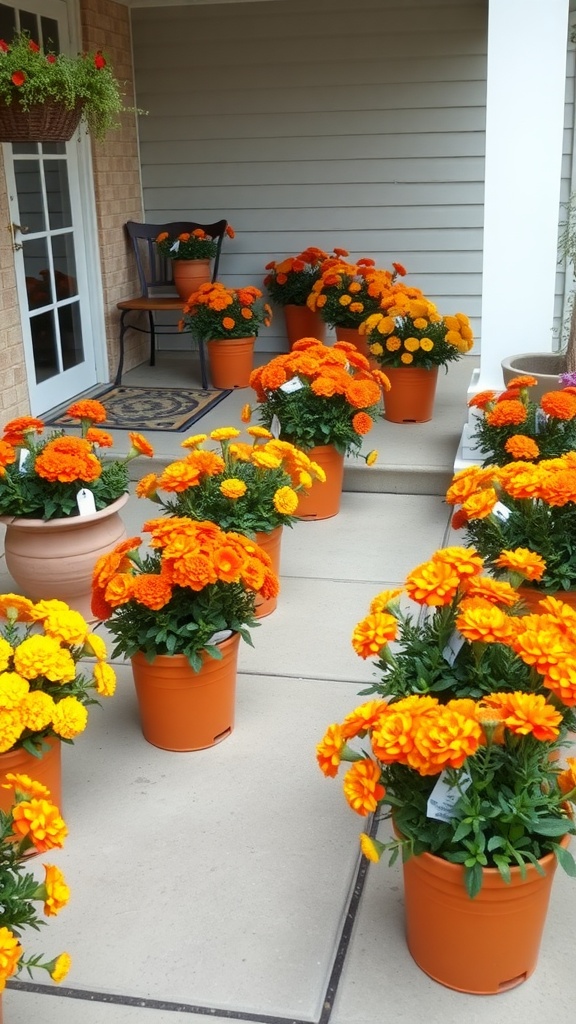 Bright orange and yellow marigolds in pots on a patio.