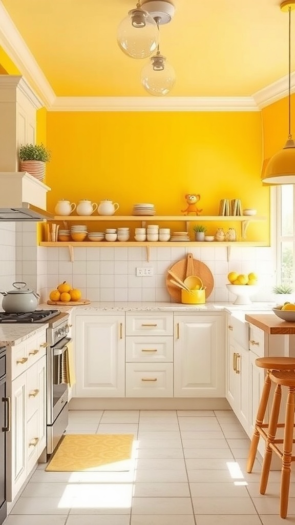 A bright kitchen with yellow walls, white cabinets, and wooden accents.