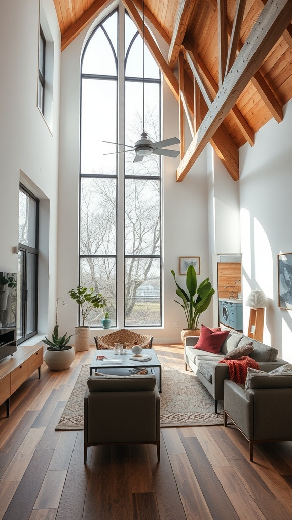 A chic living room featuring tall arched windows, wooden beams, and cozy furniture.